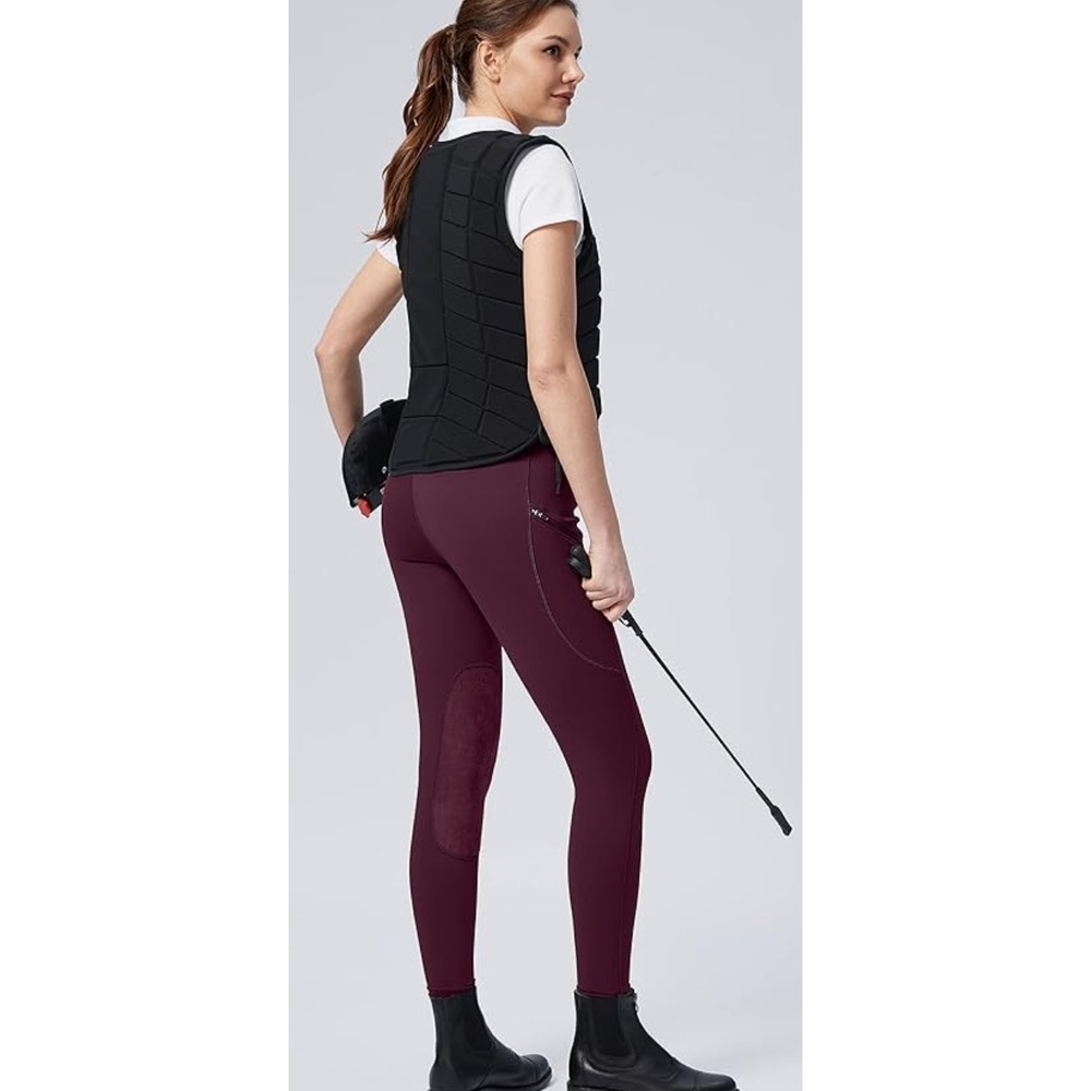 SANTINY Knee Patch Breeches High Rise Womens L Wine Burgundy Zip Pocket
